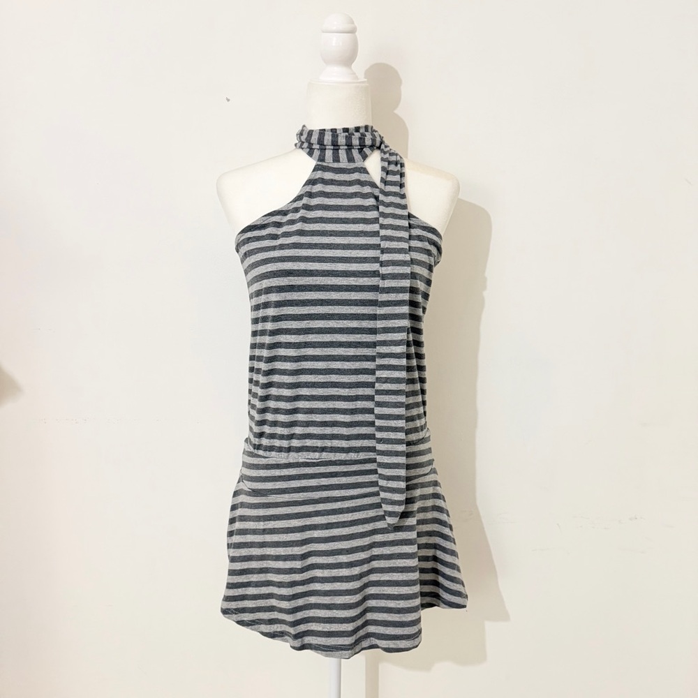 y2k gray striped halter backless dress with scarf tie, similar to jaded london